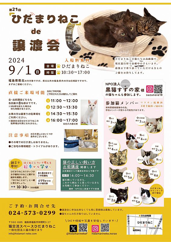 9月1日「ひだまりねこde譲渡会」を福島市で開催 猫の里親さまを募集（ふくしまニュースWeb ） [2024.08.26(月) 12:00] -  ふくしまニュースリリース